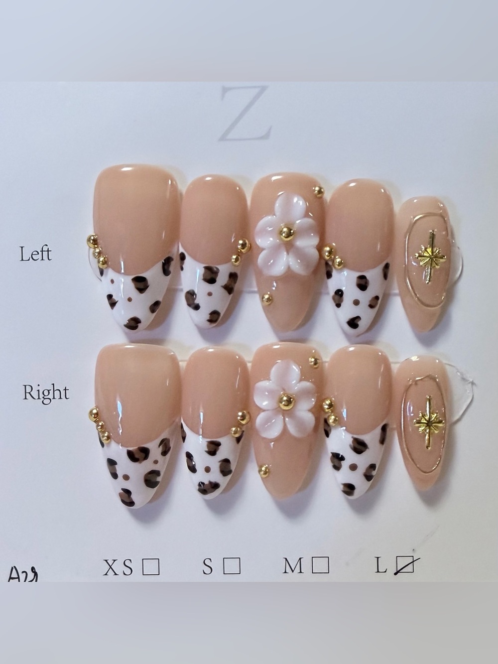 Neutral Beige Leopard Accent Press-On Nails with White Flower